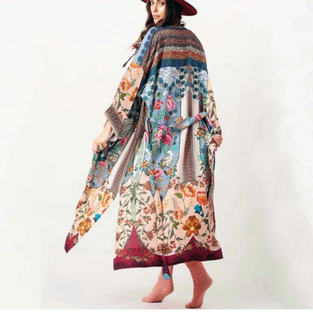 boho gypsy belted floral Long Kimono Cardigan - Picture 5 of 7